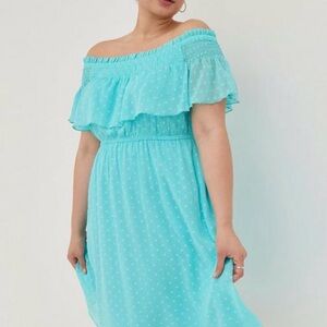 TORRID Off-Shoulder Smocked Mini Skater Dress - Chiffon Clip Dot Blue